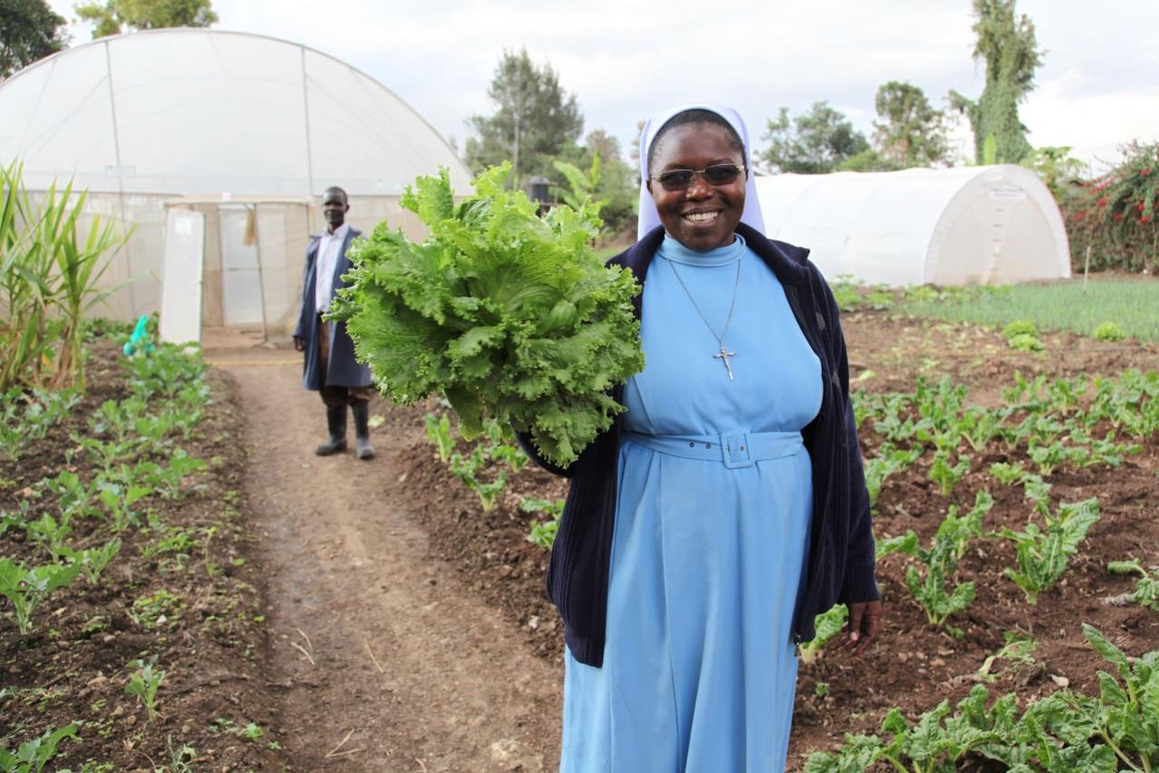 r. Catherine Owormungu shows off lettuce from the greenhouse farming project – increased food production to feed children in their schools.